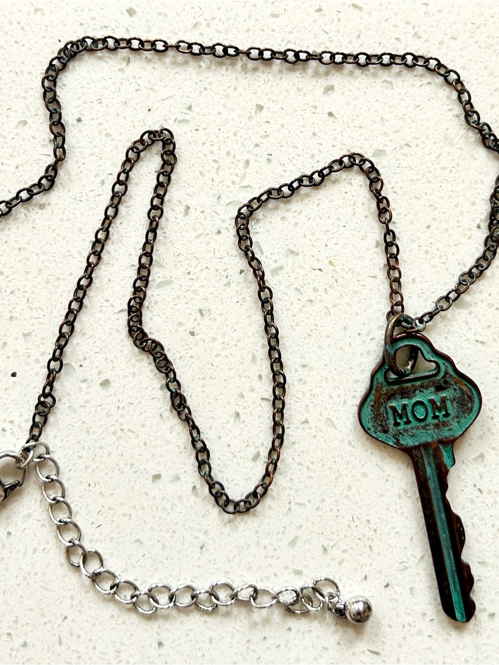 NEW! Distressed Turquoise (Oxidized) Key 'MOM' Pendant Necklace